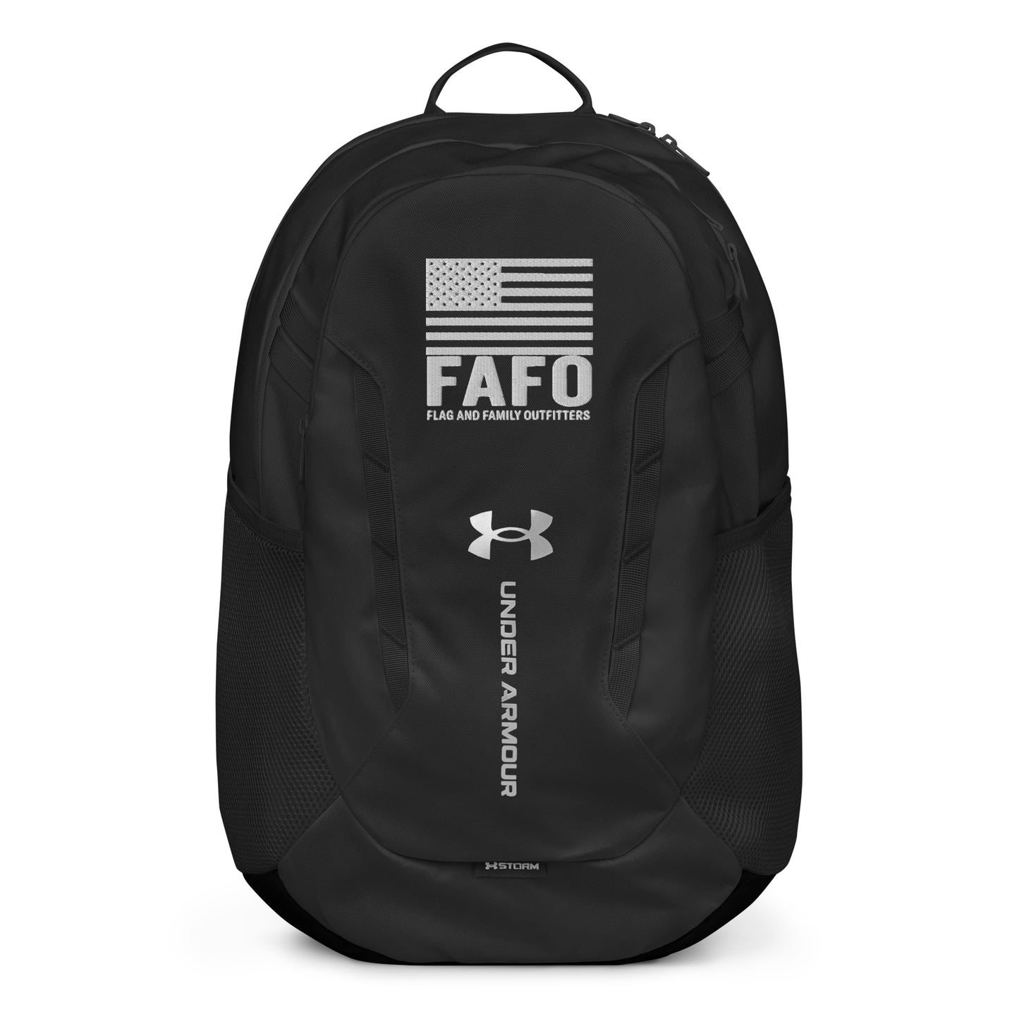 FAFO gear Under Armour backpack in black — FAFO logo American flag branding FAFO merchandise patriotic outfitters