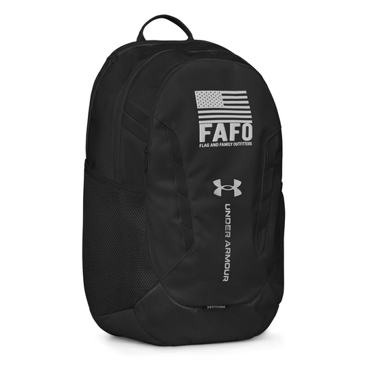 Side view of black FAFO Under Armour backpack — water bottle pocket FAFO merchandise FAFO gear