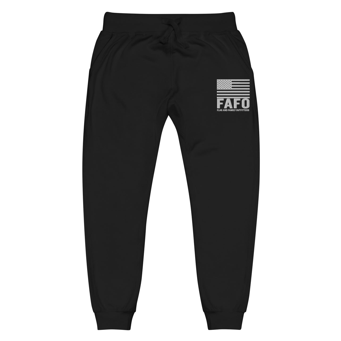 FAFO Fleece Sweatpants in black with embroidered flag graphic — FAFO apparel flag and family outfitters
