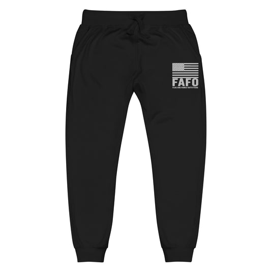 FAFO Fleece Sweatpants in black with embroidered flag graphic — FAFO apparel flag and family outfitters