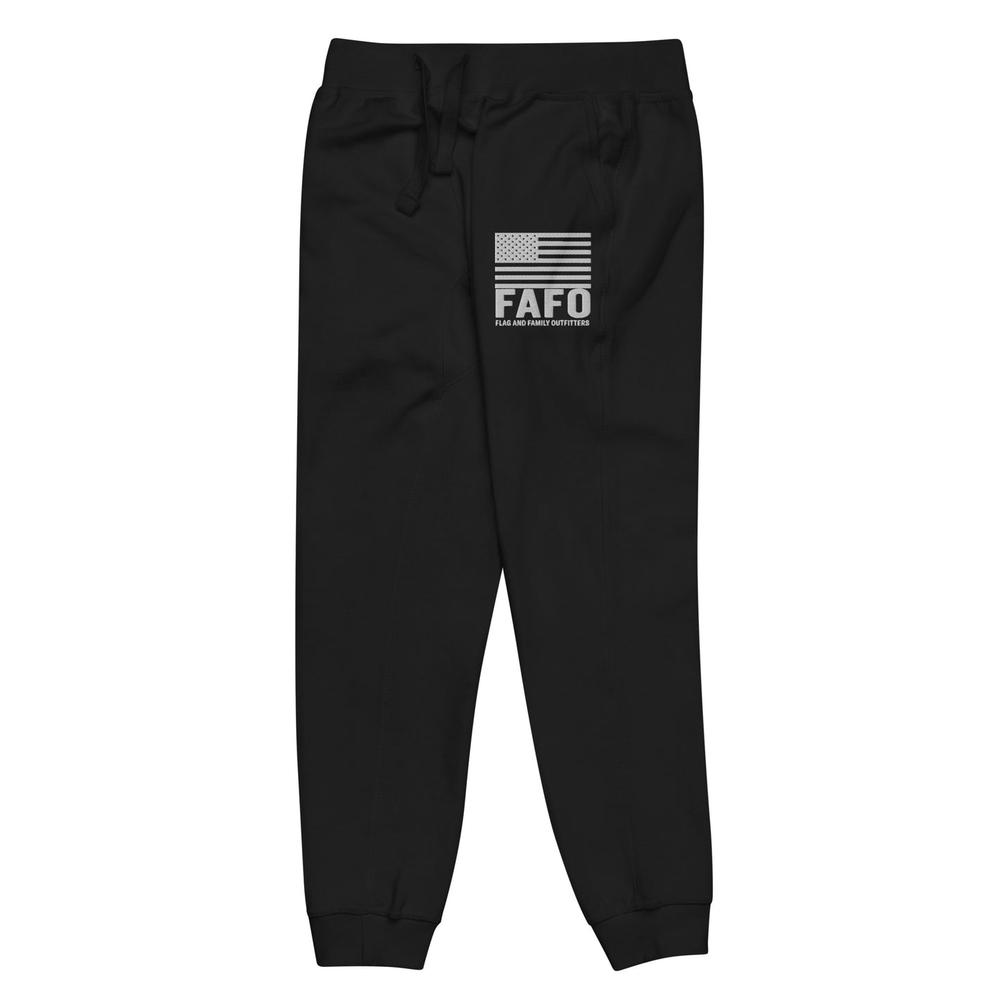 Embroidered FAFO flag graphic on black fleece sweatpants — FAFO merchandise patriotic outfitters