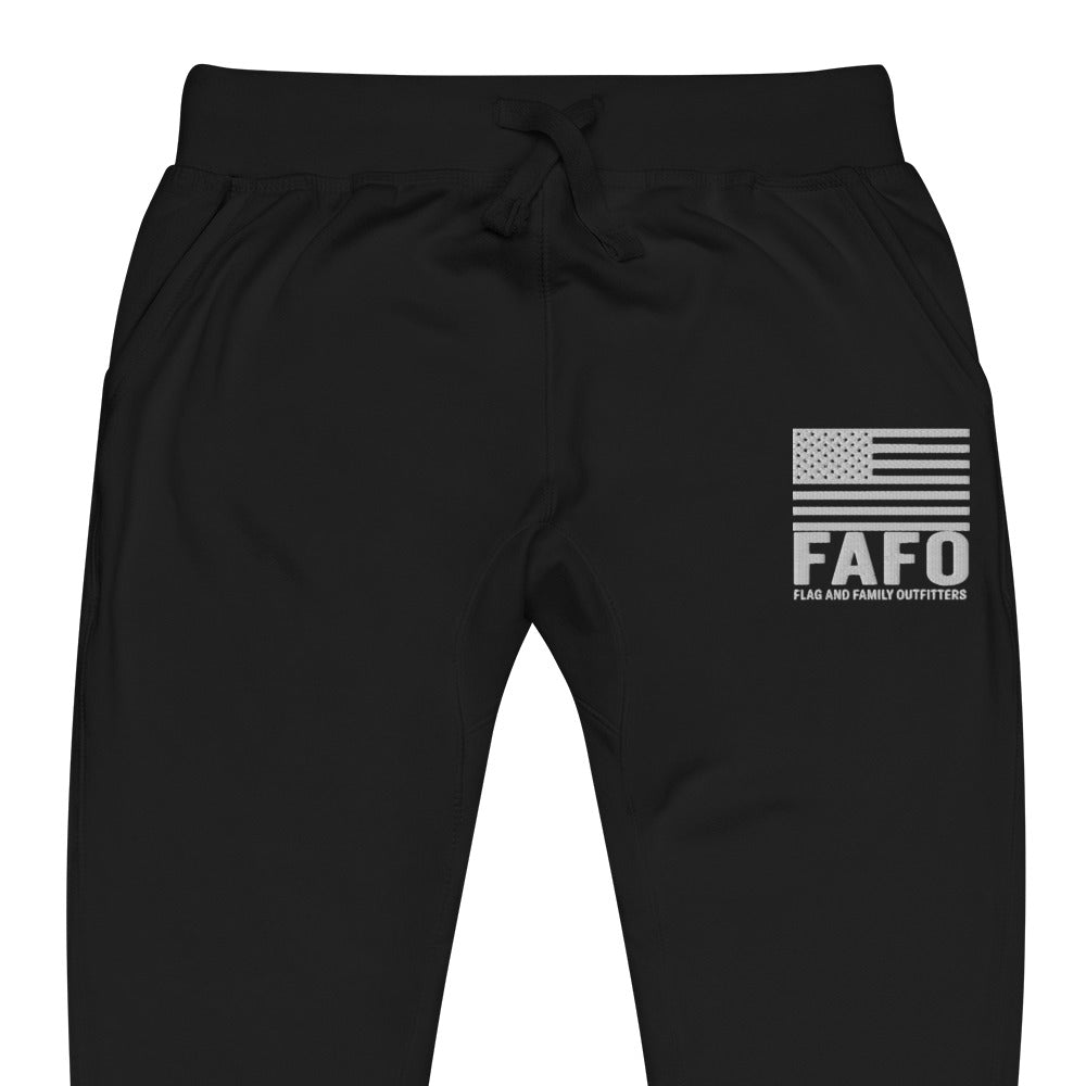 Embroidered FAFO flag graphic on black fleece sweatpants — FAFO merchandise patriotic outfitters