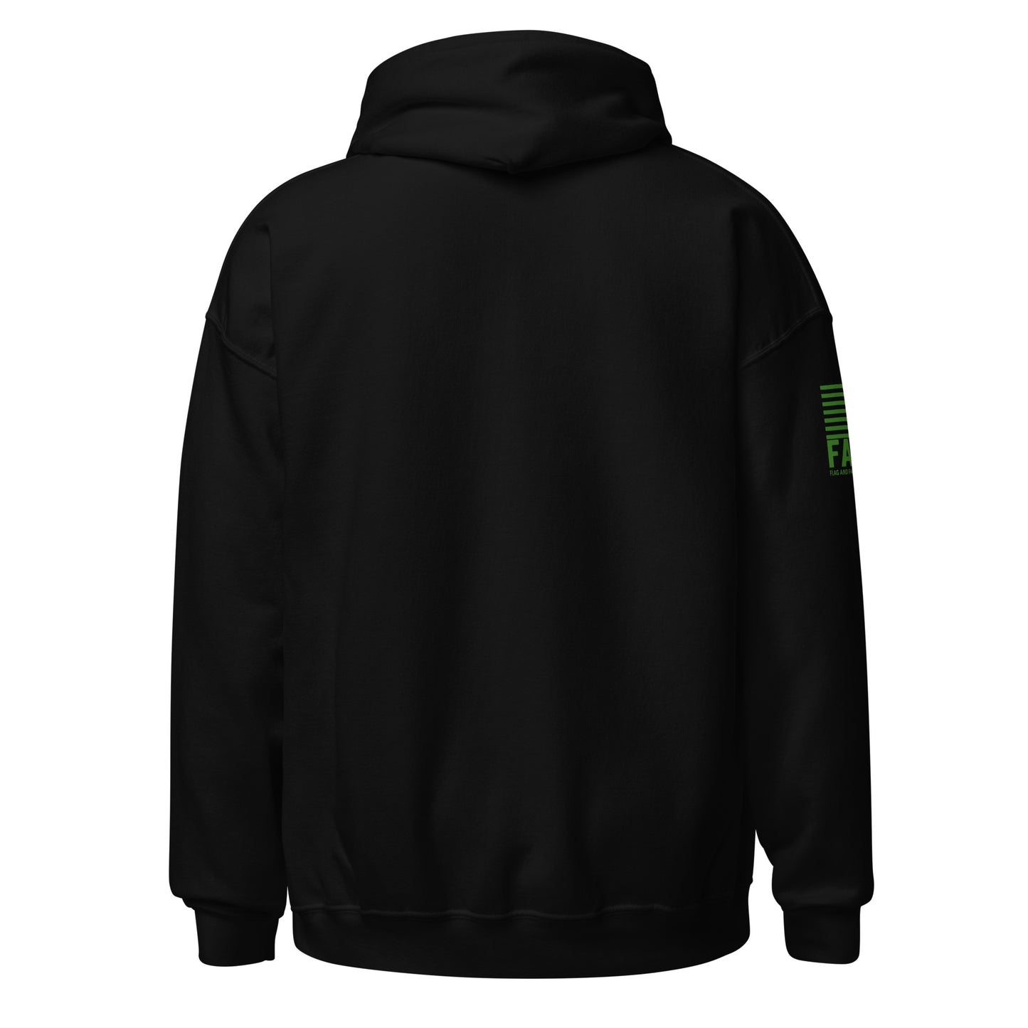 Back of black FAFO camping hoodie showing Got Wood? lumberjack axe campfire truck graphic — outdoor graphic tee style