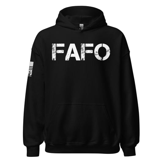 FAFO defined hoodie in black — distressed FAFO logo chest graphic from Flag And Family Outfitters FAFO merchandise