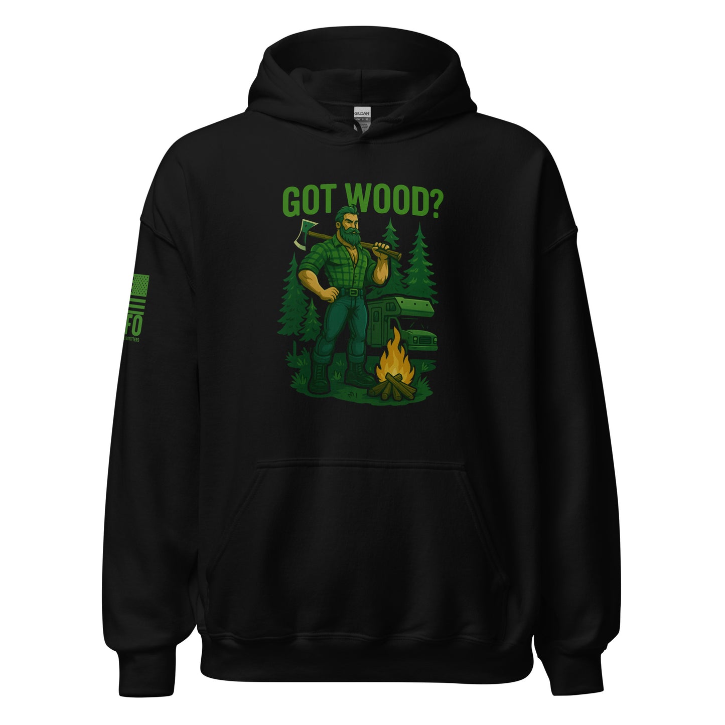 Funny camping patriotic hoodie in black — Got Wood? lumberjack graphic by FAFO patriotic outfitters