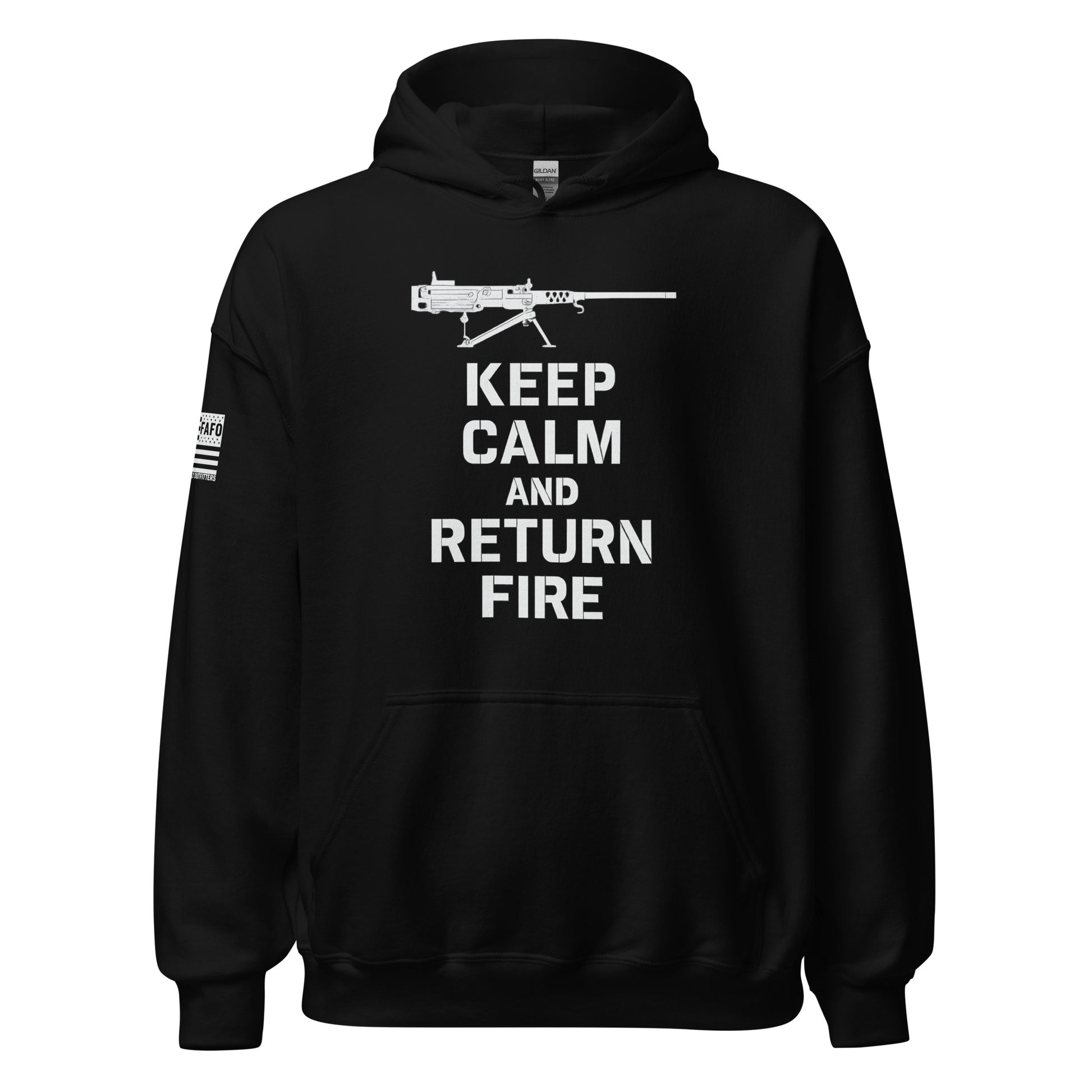 Black Keep Calm And Return Fire Hoodie with rifle graphic and bold stacked lettering — tactical hoodie FAFO hoodie Flag And Family Outfitters
