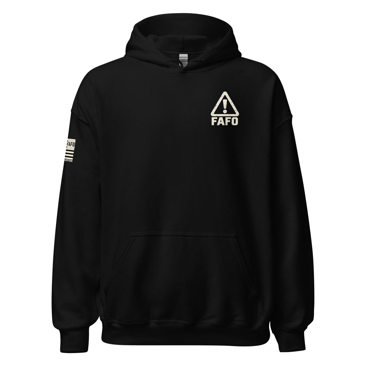 Warning FAFO hoodie with industrial warning-label back graphic, FAFO chest emblem and Flag And Family Outfitters sleeve branding.