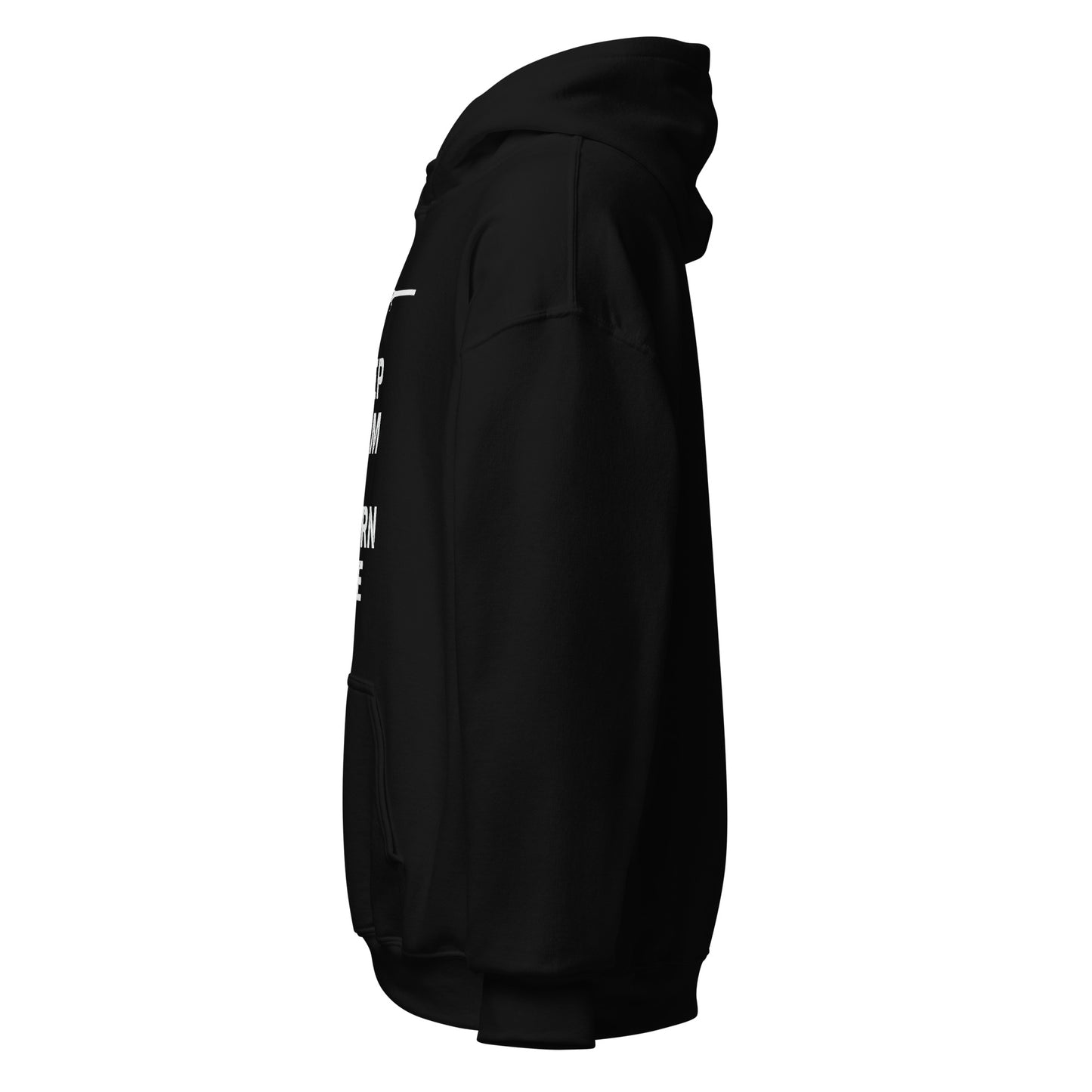 Black Keep Calm And Return Fire Hoodie with rifle graphic and bold stacked lettering — tactical hoodie FAFO hoodie Flag And Family Outfitters