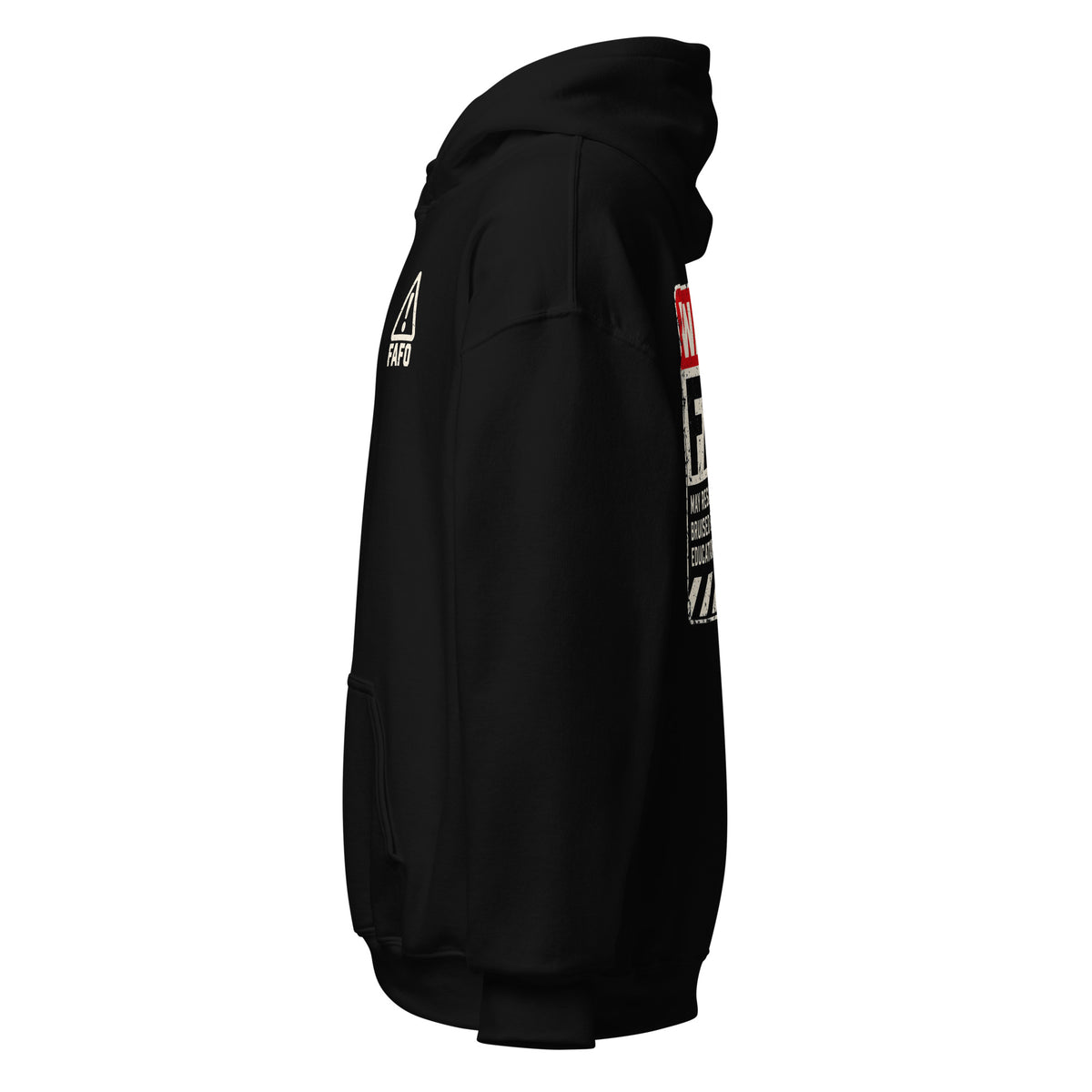 Warning FAFO hoodie with industrial warning-label back graphic, FAFO chest emblem and Flag And Family Outfitters sleeve branding.