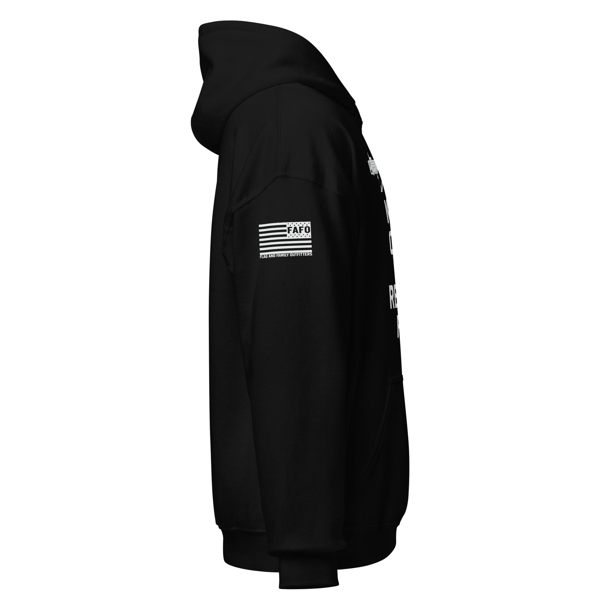 Black Keep Calm And Return Fire Hoodie with rifle graphic and bold stacked lettering — tactical hoodie FAFO hoodie Flag And Family Outfitters