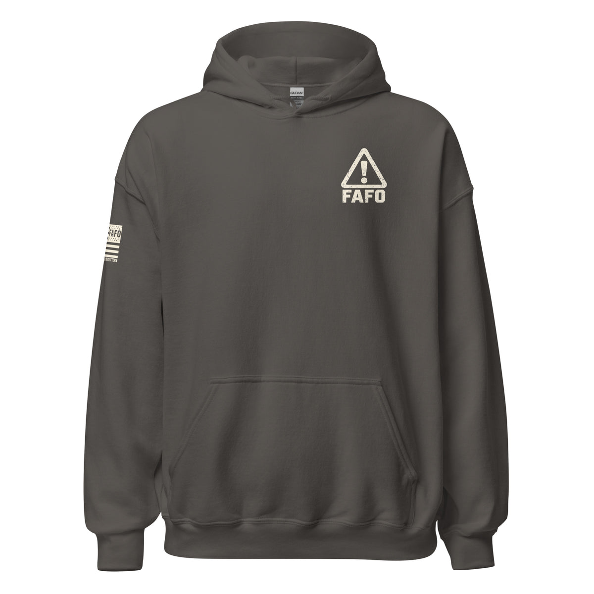 Warning FAFO hoodie with industrial warning-label back graphic, FAFO chest emblem and Flag And Family Outfitters sleeve branding.