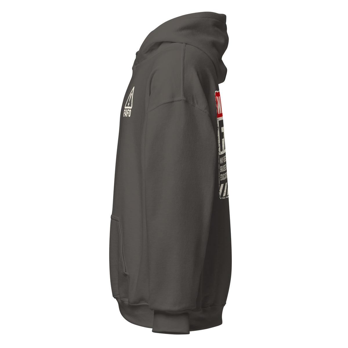 Warning FAFO hoodie with industrial warning-label back graphic, FAFO chest emblem and Flag And Family Outfitters sleeve branding.