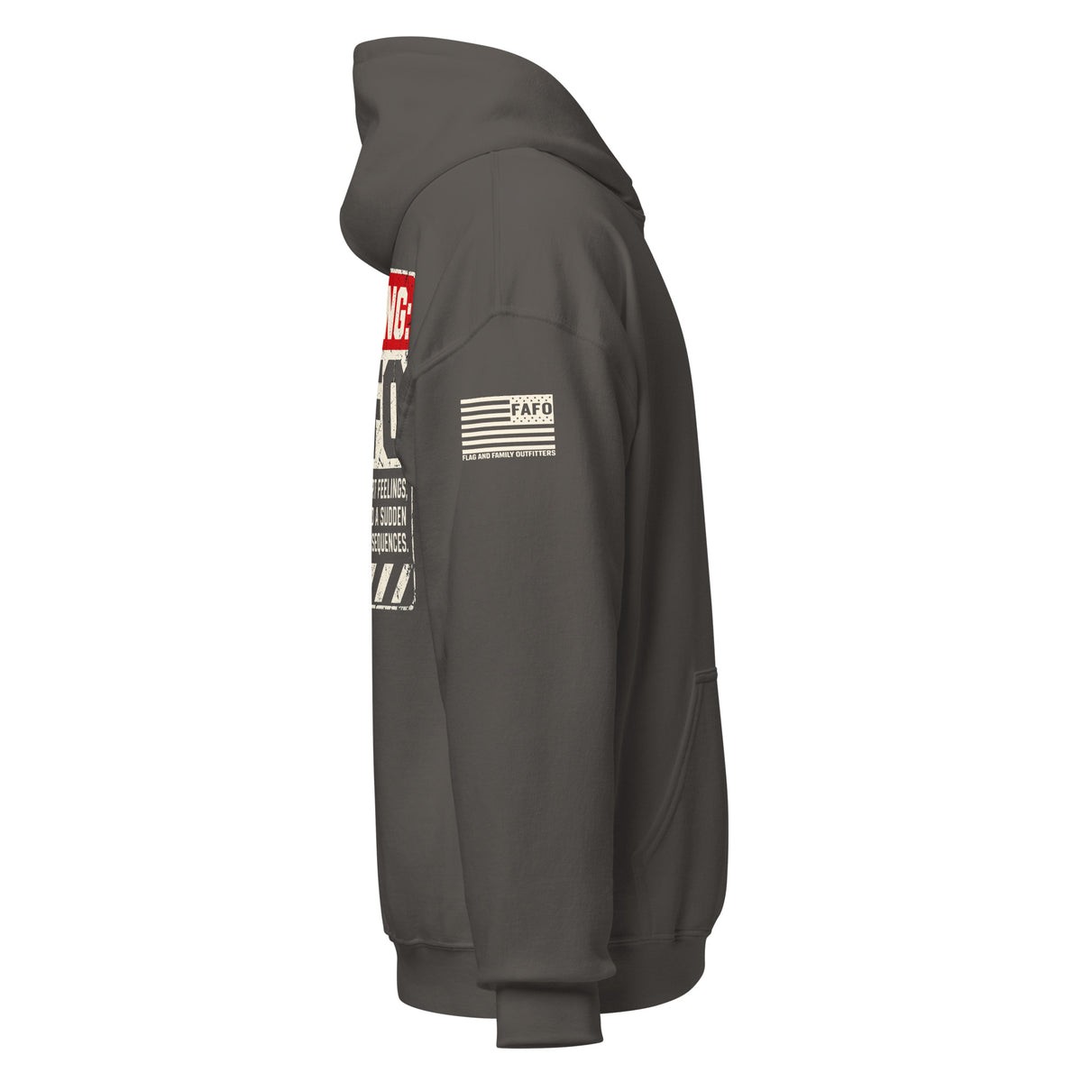 Warning FAFO hoodie with industrial warning-label back graphic, FAFO chest emblem and Flag And Family Outfitters sleeve branding.