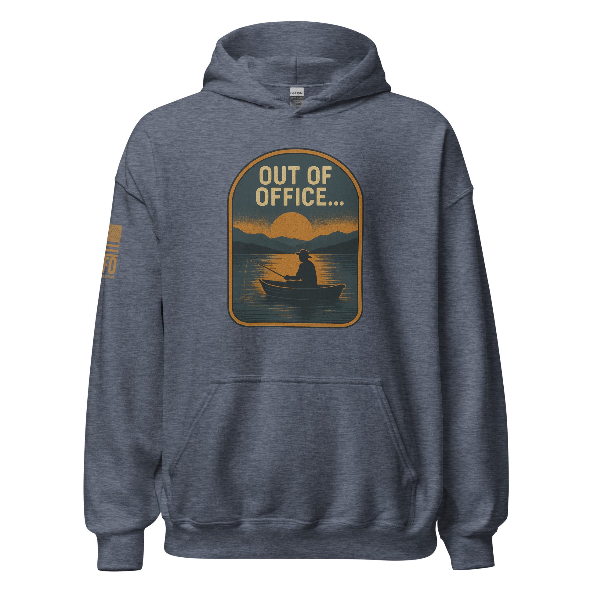 Funny fishing hoodie in heather sport dark navy — Out Of Office vintage badge by FAFO patriotic outfitters