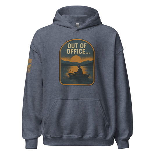 Funny fishing hoodie in heather sport dark navy — Out Of Office vintage badge by FAFO patriotic outfitters