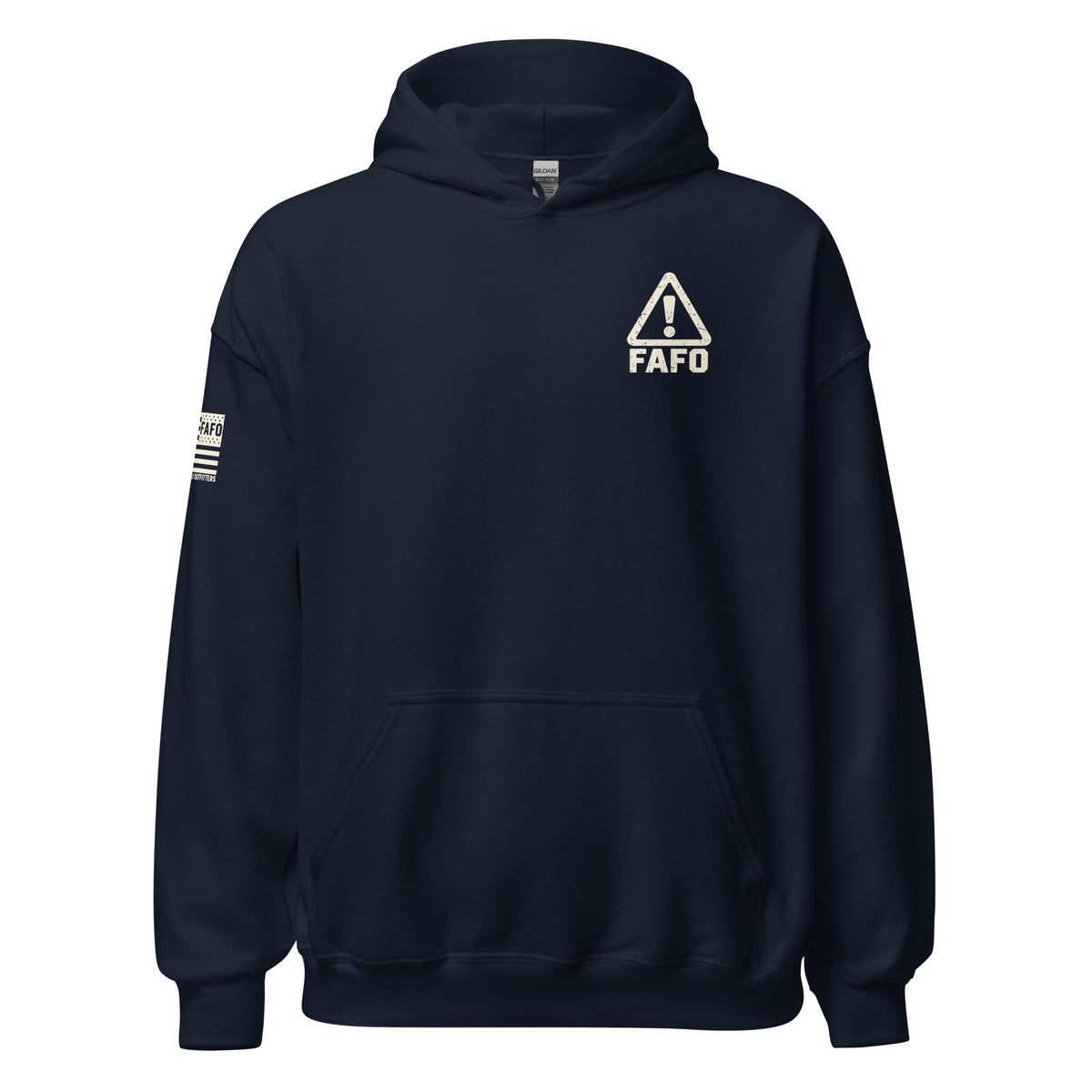 Warning FAFO hoodie with industrial warning-label back graphic, FAFO chest emblem and Flag And Family Outfitters sleeve branding.