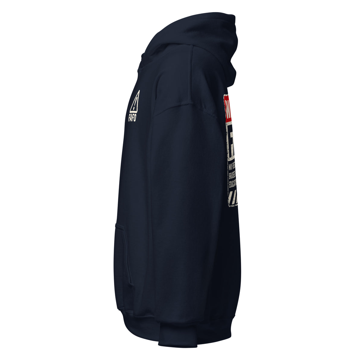 Warning FAFO hoodie with industrial warning-label back graphic, FAFO chest emblem and Flag And Family Outfitters sleeve branding.
