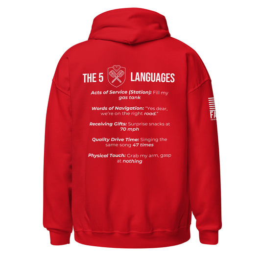 Back of red FAFO couples hoodie showing all 5 road trip love languages — FAFO shirts funny patriotic shirt