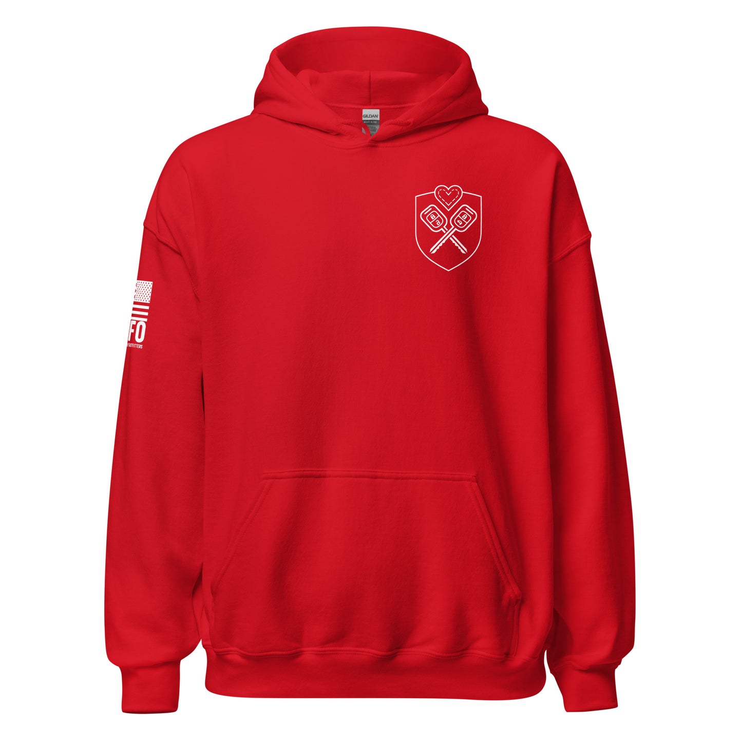 Funny couples hoodie in red — 5 Road Trip Love Languages parody graphic by FAFO patriotic outfitters