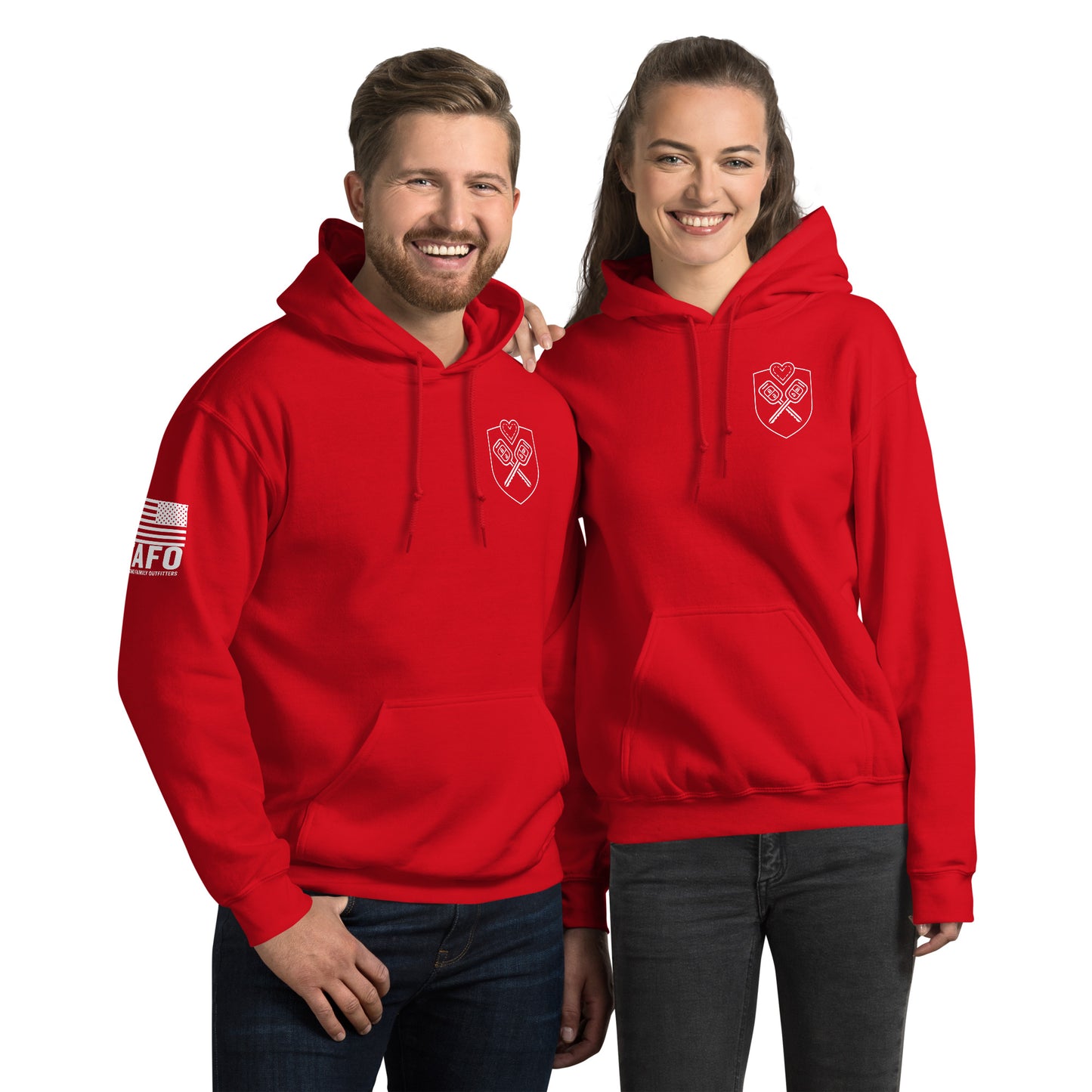 Funny couples hoodie in red — 5 Road Trip Love Languages parody graphic by FAFO patriotic outfitters