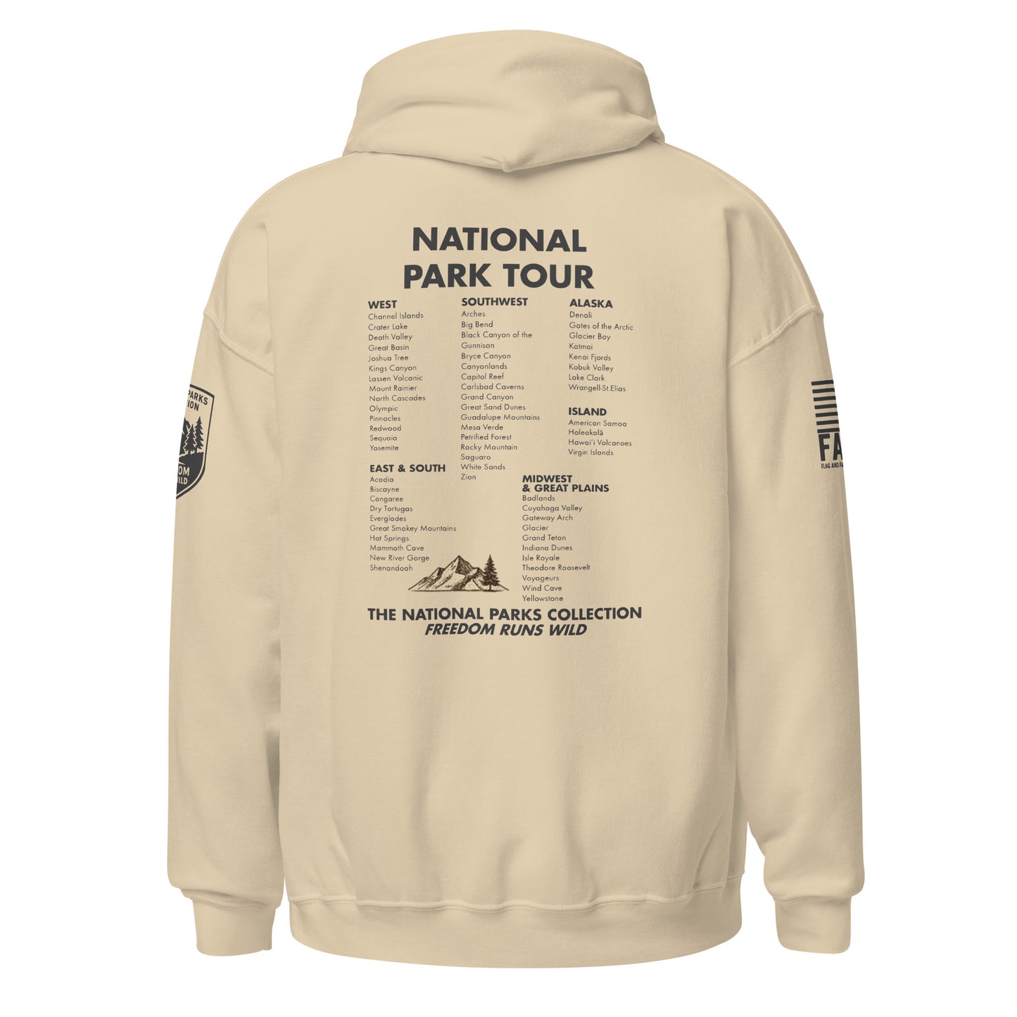 Back of sand FAFO national parks hoodie showing full 63 park tour list by region — hiking shirt men outdoor apparel