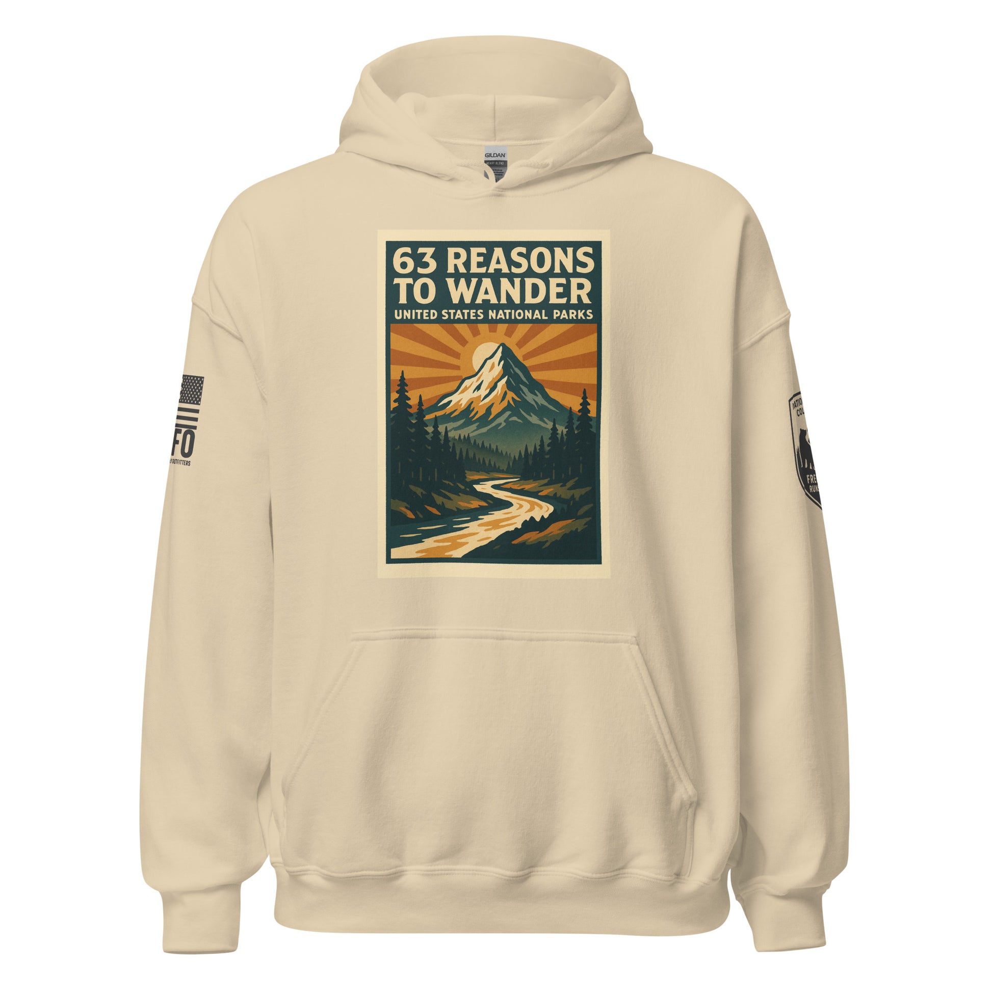 National parks hoodie in sand — 63 Reasons To Wander vintage poster by FAFO patriotic outfitters Freedom Runs Wild