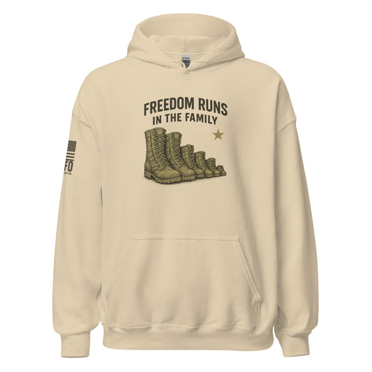 Patriotic military family hoodie in sand — Freedom Runs In The Family boots graphic by FAFO patriotic outfitters