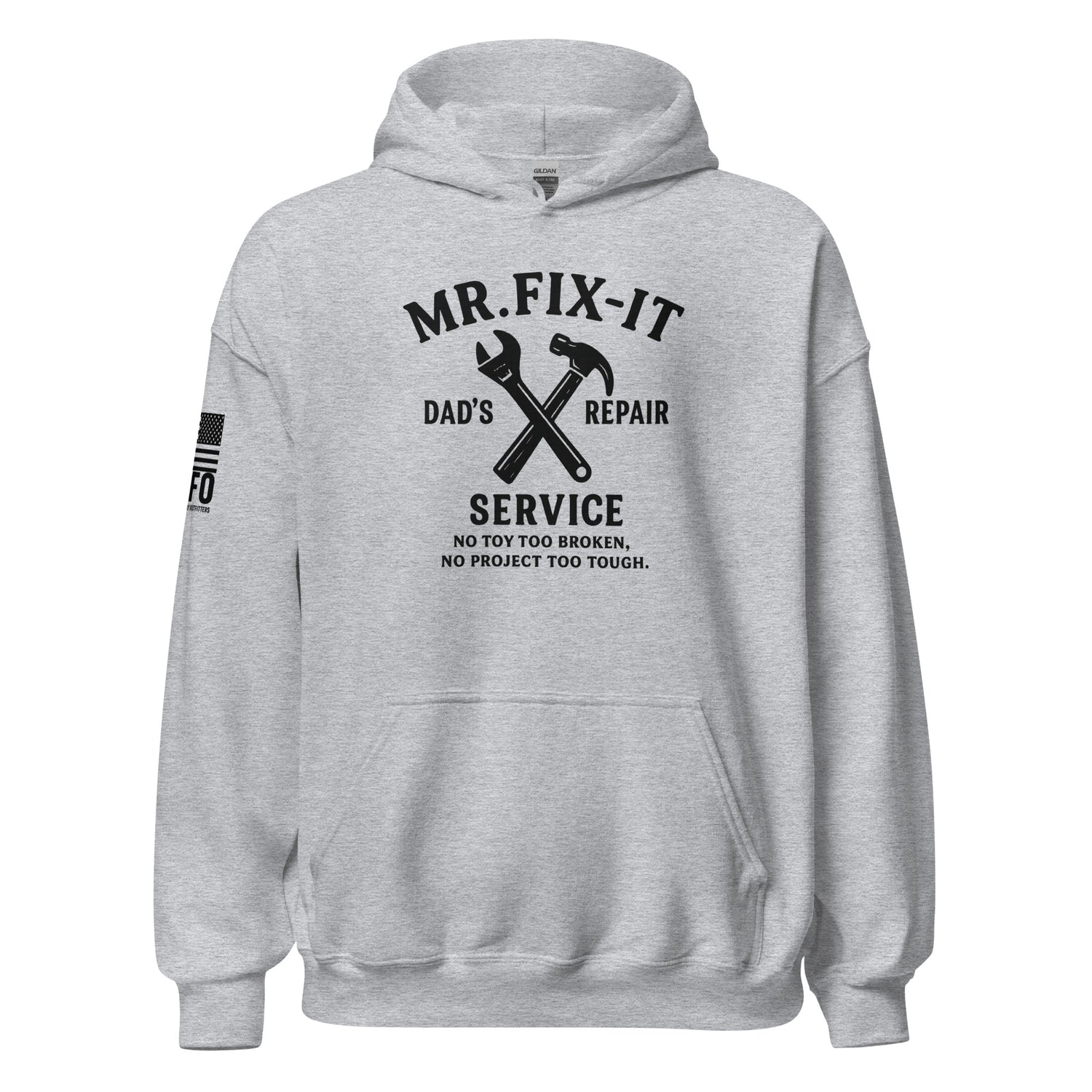 Funny dad gift hoodie in sport grey — Mr Fix-It Dads Repair Service graphic by FAFO patriotic outfitters