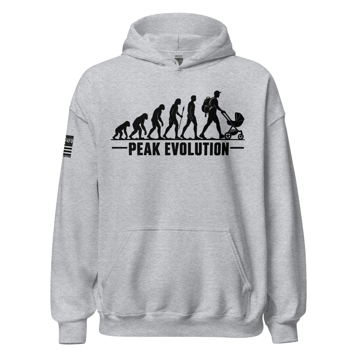 Peak Evolution hoodie in sport grey front view — funny dad hoodie fafo hoodie flag and family outfitters