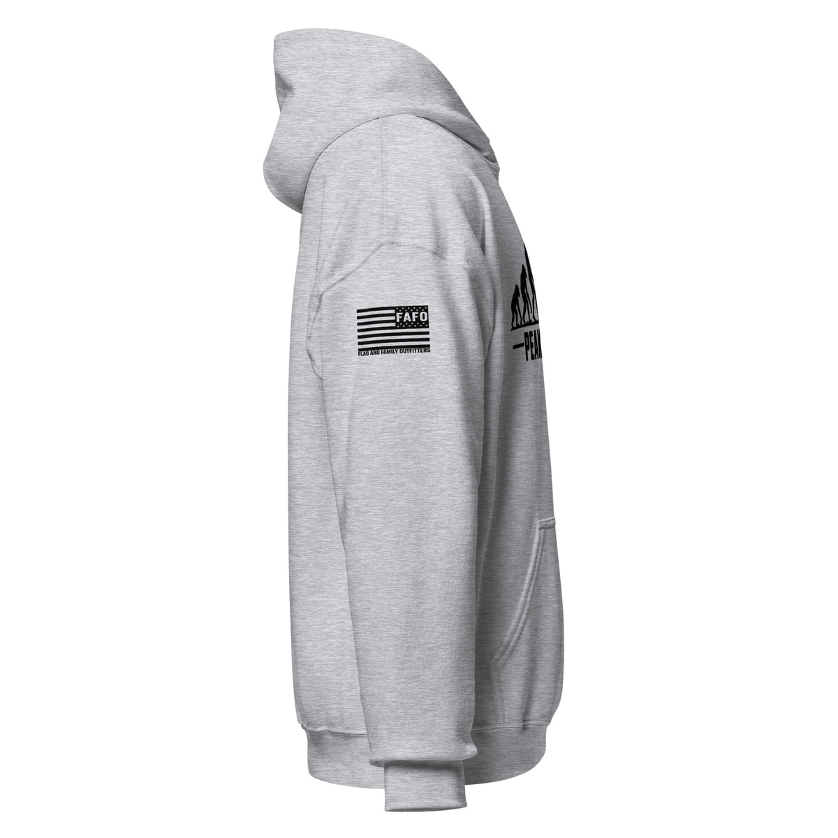 Right side view of Peak Evolution hoodie in sport grey — fafo apparel patriotic outfitters flag and family outfitters