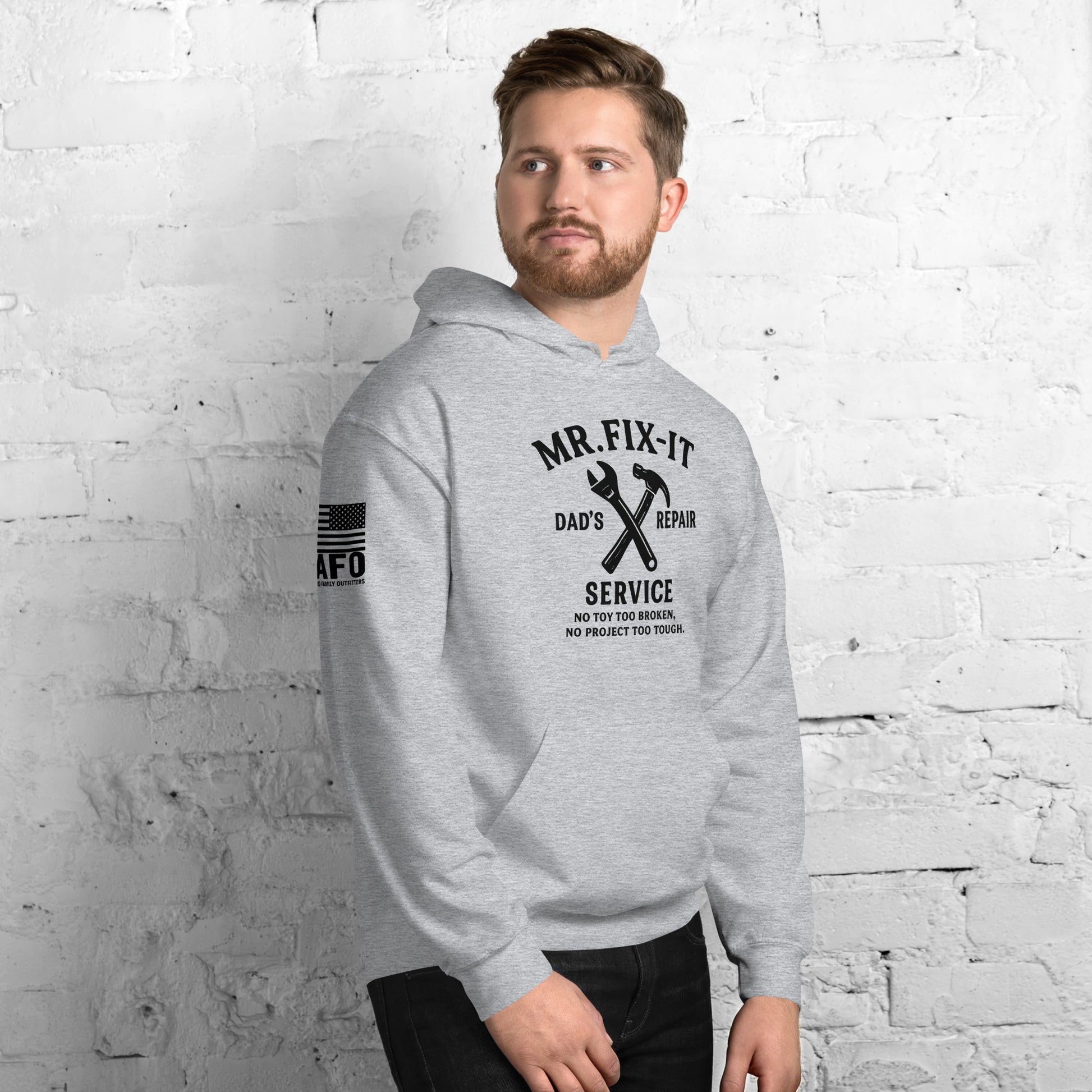 Funny dad gift hoodie in sport grey — Mr Fix-It Dads Repair Service graphic by FAFO patriotic outfitters