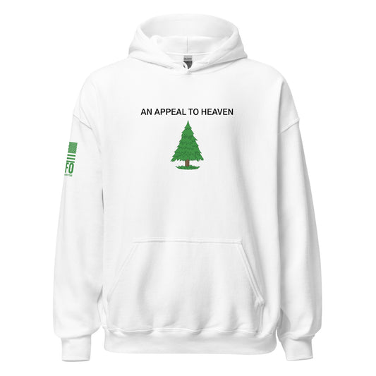 Patriotic hoodie in white — An Appeal To Heaven pine tree graphic by FAFO patriotic outfitters