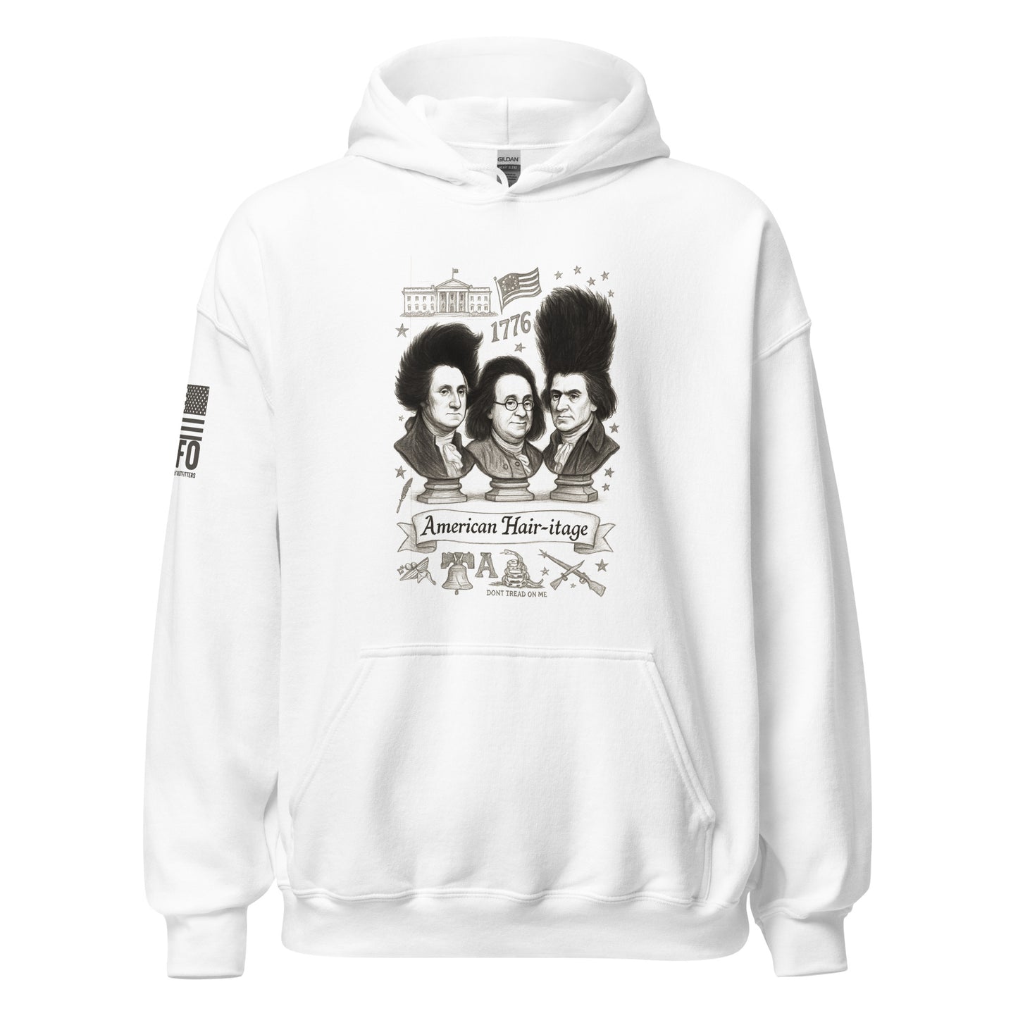 Funny patriotic hoodie for men in white — American Hair-itage Founding Fathers parody design by FAFO patriotic outfitters
