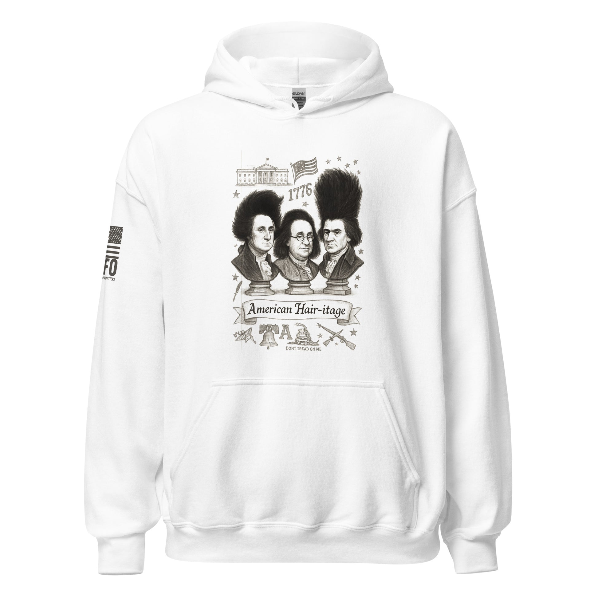 Funny patriotic hoodie for men in white — American Hair-itage Founding Fathers parody design by FAFO patriotic outfitters