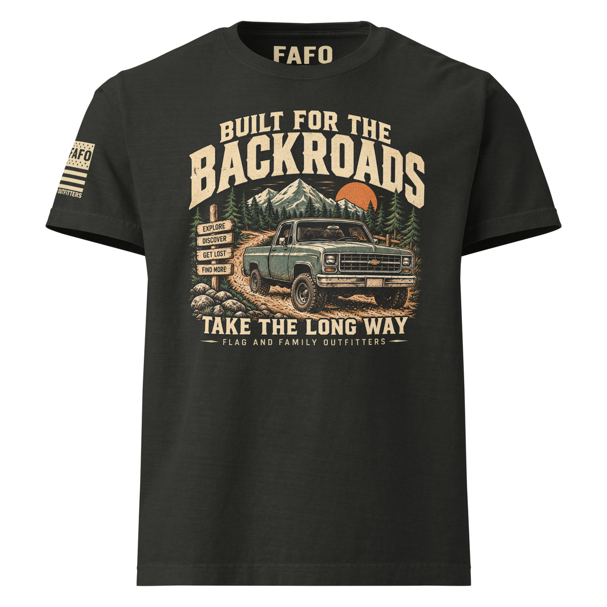 Built For The Backroads heavyweight oversized tee with vintage off-road truck graphic and Take The Long Way design by Flag And Family Outfitters.