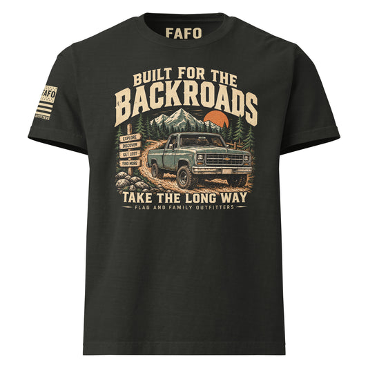 Built For The Backroads heavyweight oversized tee with vintage off-road truck graphic and Take The Long Way design by Flag And Family Outfitters.