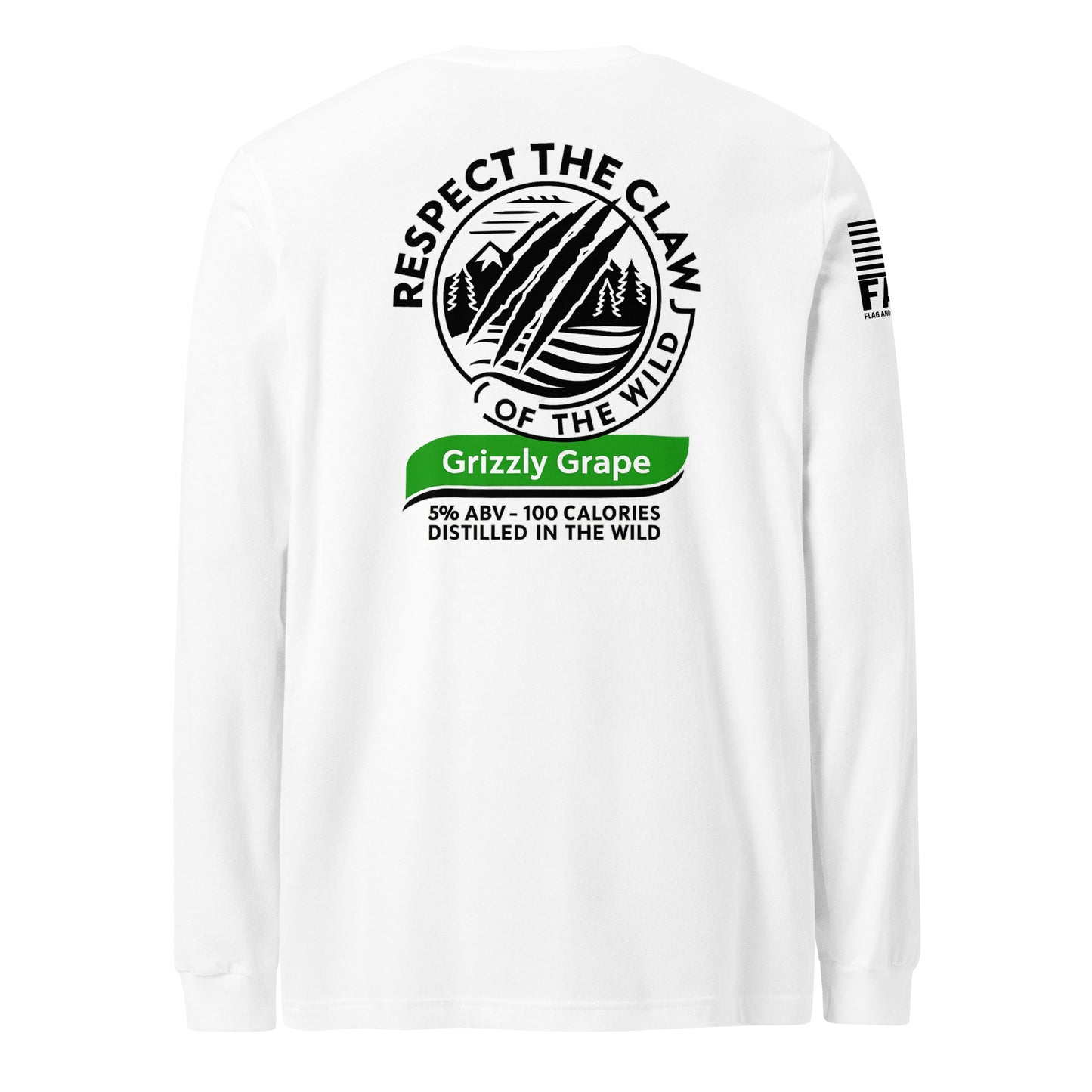 Back of white FAFO Respect The Claw long sleeve — Grizzly Grape parody label outdoor graphic tee FAFO apparel