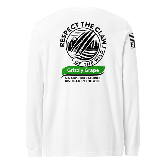 Back of white FAFO Respect The Claw long sleeve — Grizzly Grape parody label outdoor graphic tee FAFO apparel