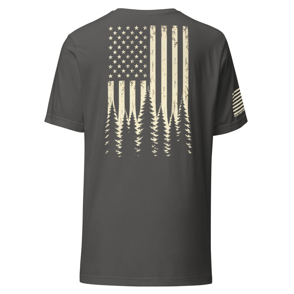 Back of asphalt Timberline Flag T-Shirt with a distressed American flag fading into a pine forest — fafo t shirts patriotic t shirts