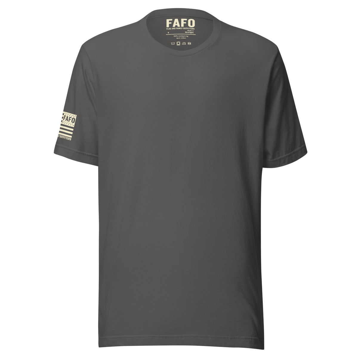 Front of asphalt Timberline Flag T-Shirt with a clean, understated chest — patriotic shirts for men fafo apparel