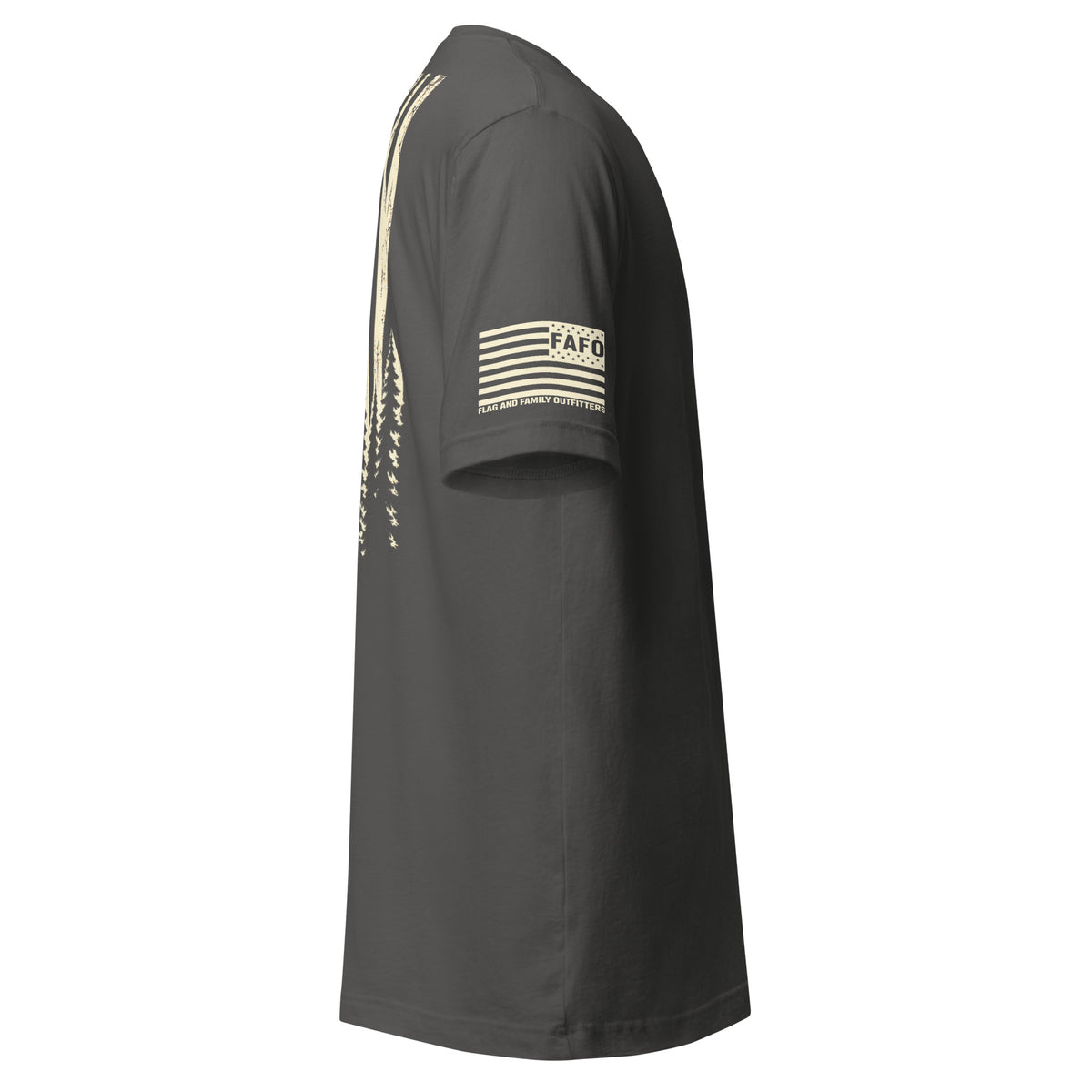 Right side view of asphalt Timberline Flag T-Shirt — hiking shirt men flag and family outfitters