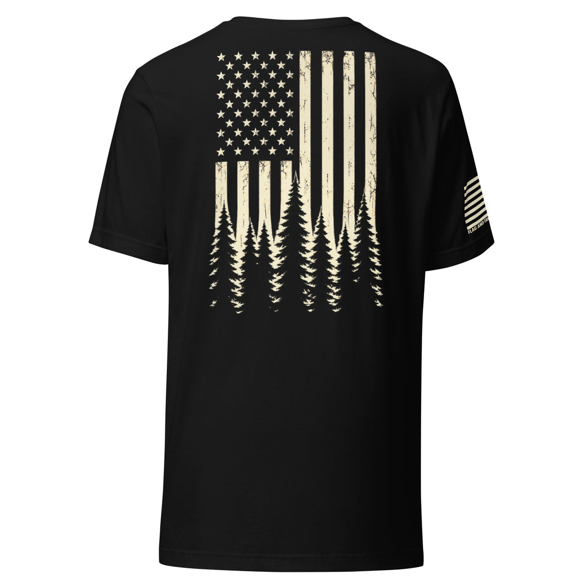 Back of black Timberline Flag T-Shirt with a distressed American flag fading into a pine forest — fafo t shirts outdoor graphic tee