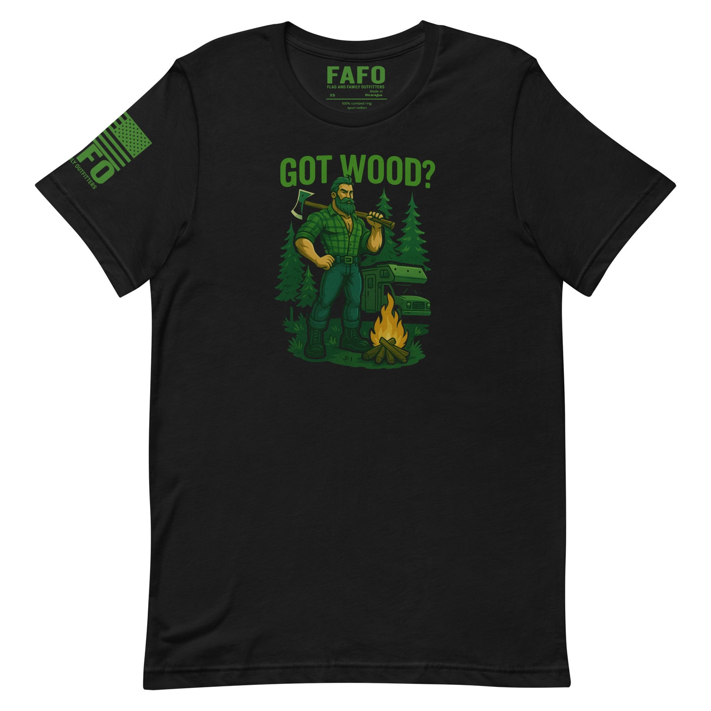 Funny camping FAFO t shirt in black — Got Wood? lumberjack axe campfire graphic FAFO shirts for men