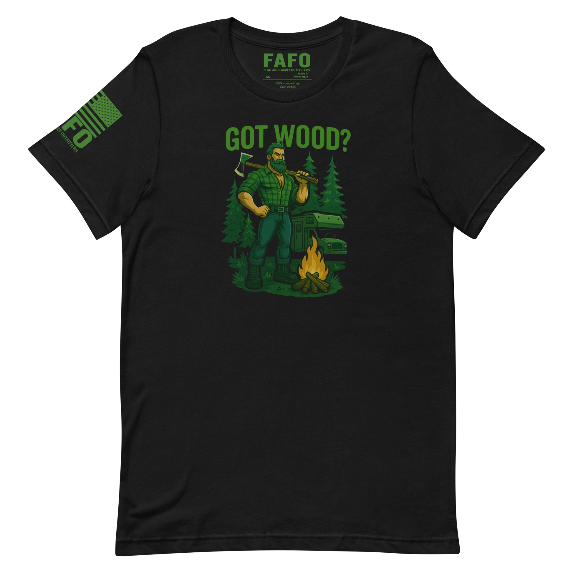 Funny camping FAFO t shirt in black — Got Wood? lumberjack axe campfire graphic FAFO shirts for men