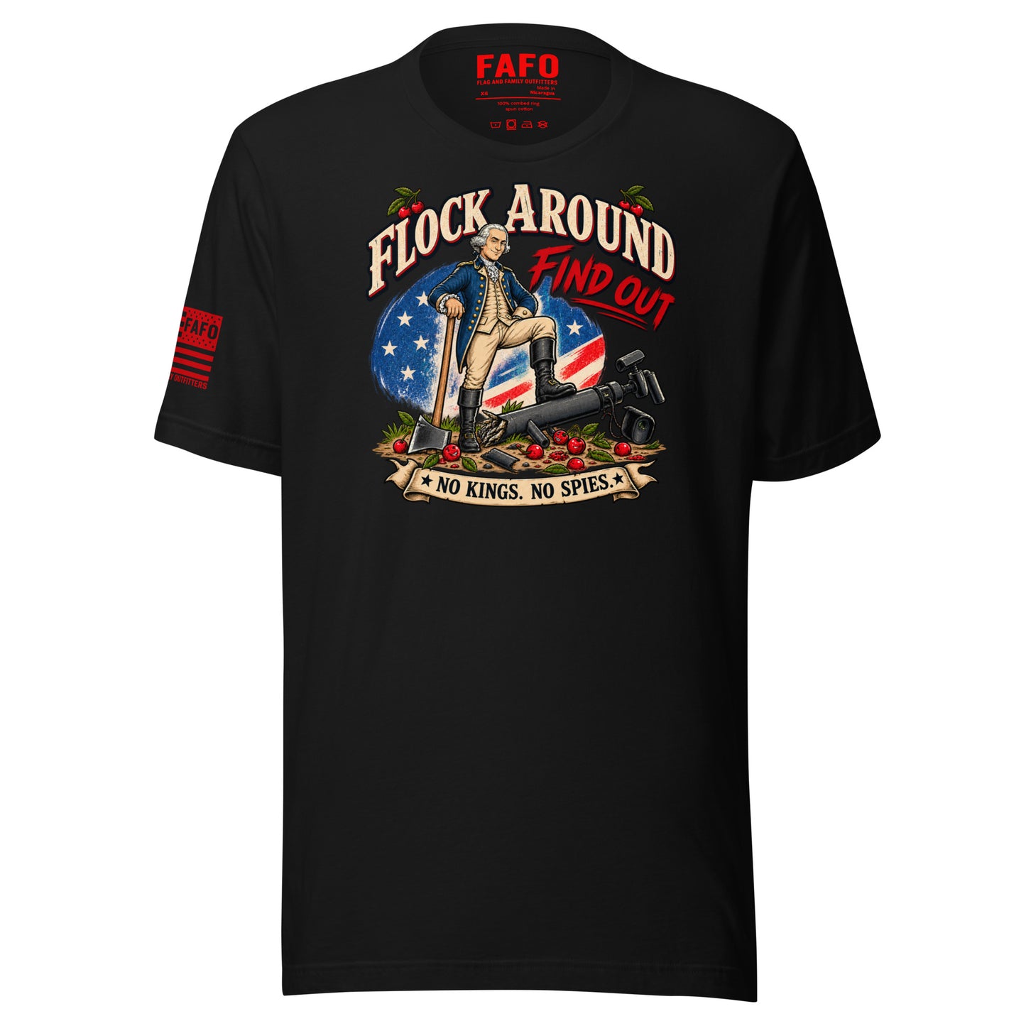 Black Flock Around Find Out Tee with George Washington cutting down a surveillance camera pole — funny patriotic shirt anti surveillance shirt Flag And Family Outfitters