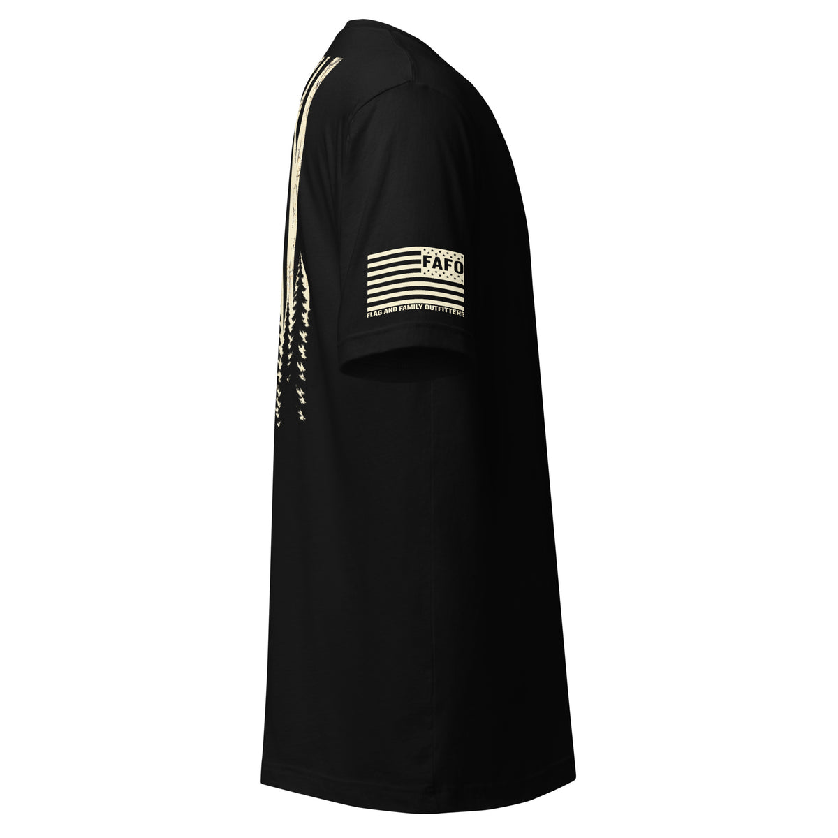 Right side view of black Timberline Flag T-Shirt — hiking shirt men flag and family outfitters