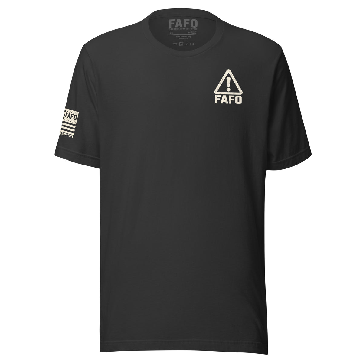 Warning FAFO tee with industrial warning-label back graphic, FAFO chest emblem and Flag And Family Outfitters sleeve branding.