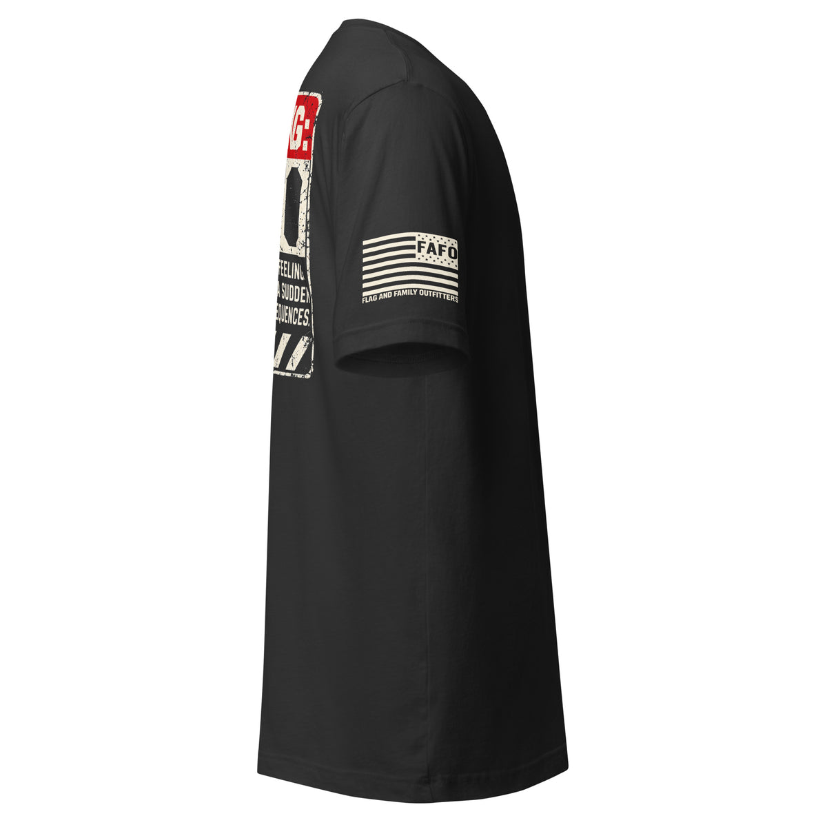 Warning FAFO tee with industrial warning-label back graphic, FAFO chest emblem and Flag And Family Outfitters sleeve branding.