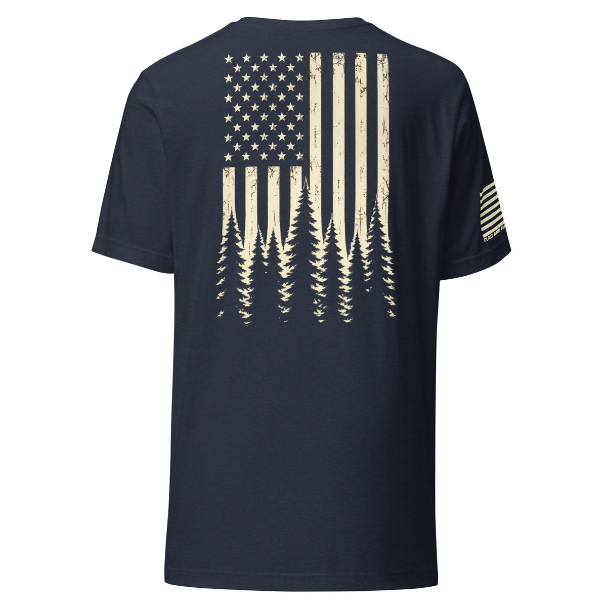 Back of heather navy Timberline Flag T-Shirt with a distressed American flag fading into a pine forest — fafo t shirts patriotic t shirts flag and family outfitters
