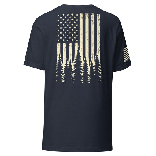 Back of heather navy Timberline Flag T-Shirt with a distressed American flag fading into a pine forest — fafo t shirts patriotic t shirts flag and family outfitters